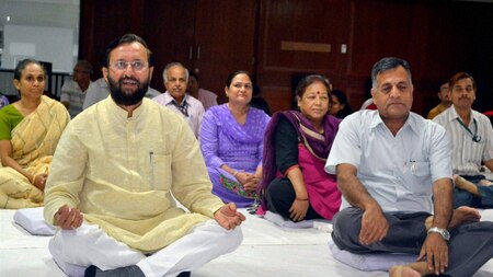 Union Minister of State for Environment Prakash Javadekar participating in a Yoga training