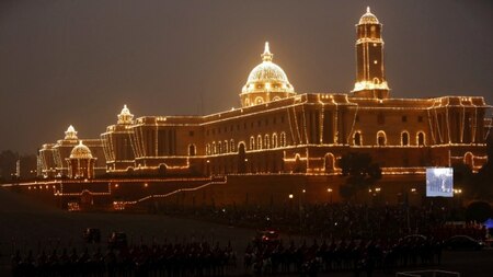 The illuminated Indian Home Ministry building