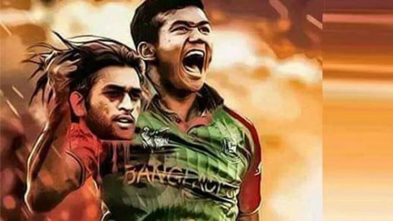Image result for taskin ahmed holding ms dhoni head