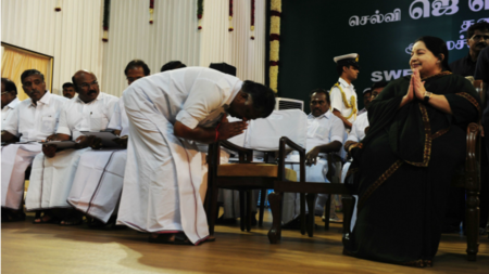 Jayalalithaa gestures at other ministers during the ceremony