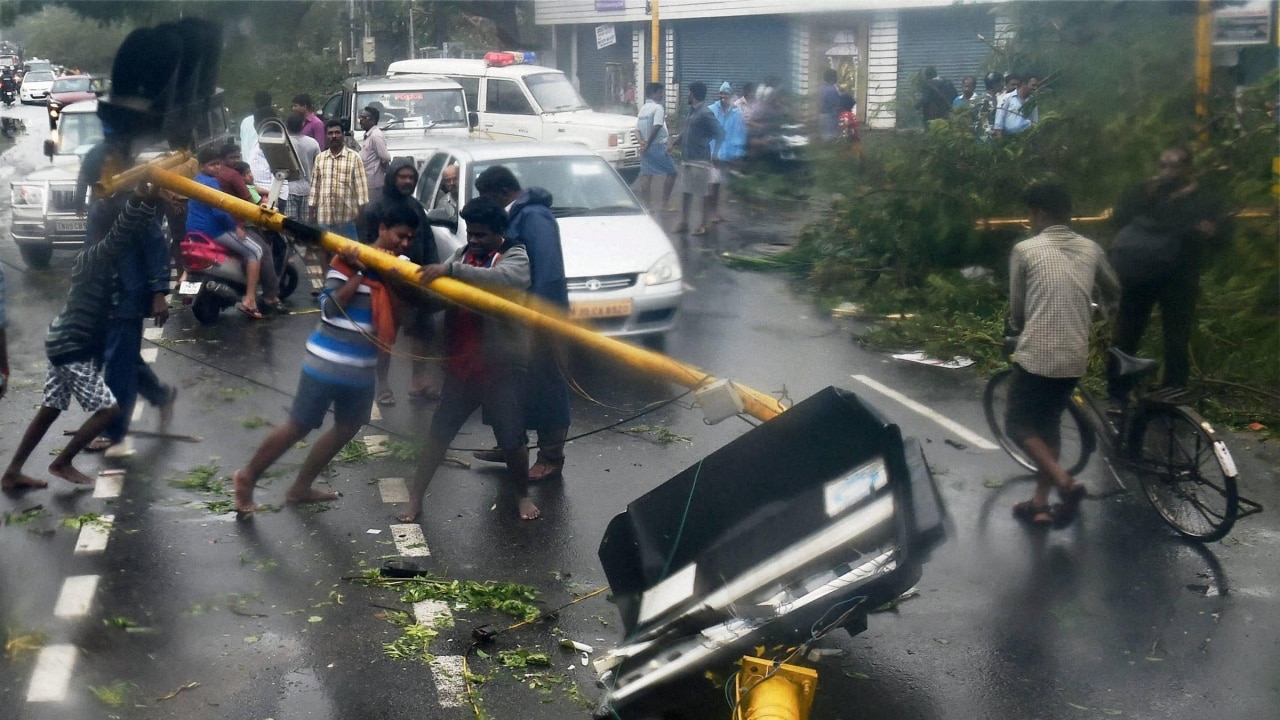 People lifting uprooted poles following cyclone Vardah