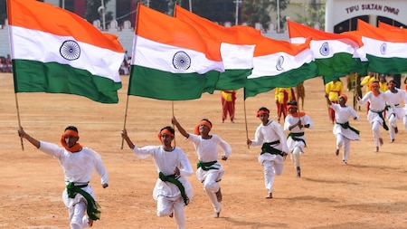 Children perform with the national flag