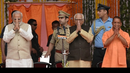 Newly sworn-in UP CM, Yogi Adityanath with PM Modi and Governor Ram Naik