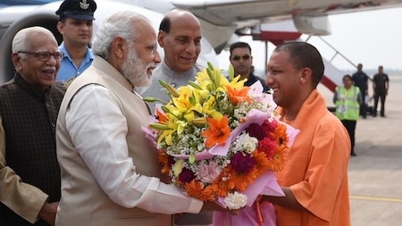 Yogi Adityanath, UP Guv Ram Naik, Rajnath Singh welcome Narendra Modi