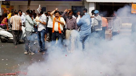 VHP supporters alight firecrackers to celebrate UP CM's swearing-in