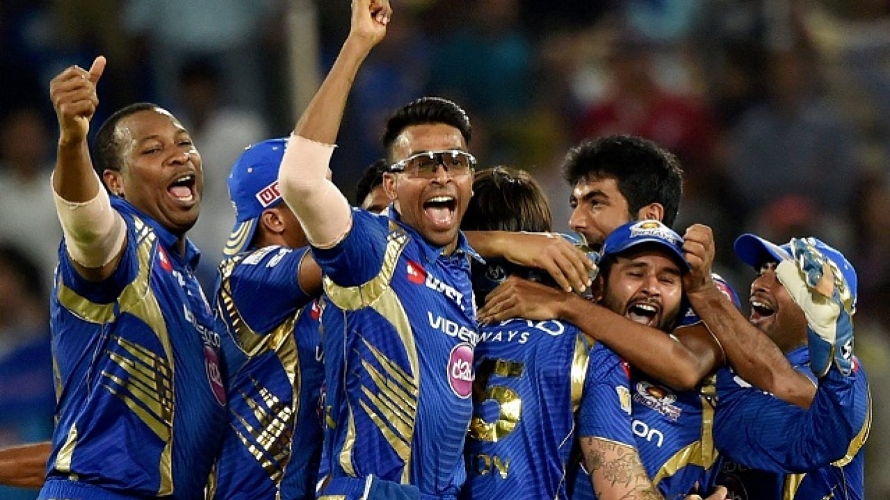 Mumbai Indians players rejoice just after their victory in the IPL 10 final