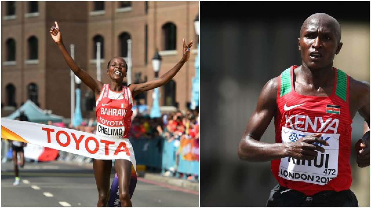 World athletics championships: kenya's kirui wins men's marathon, bahrain's former kenyan chelimo wins women's race
