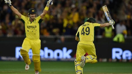 Steve Smith (R) and Shane Watson (L) celebrate post the winning runs are hit