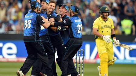 New Zealand are overjoyed after Aaron Finch's (R) dismissal