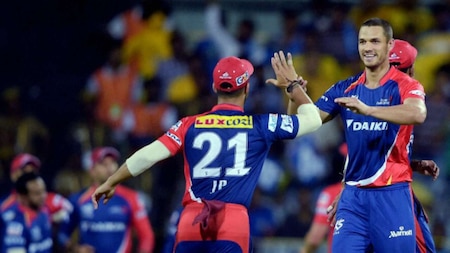 Delhi Daredevils' Nathan Coulter-Nile celebrates along with teammates after dismissing of Chennai Super Kings’ batsman Brendon McCullum during their IPL-2015 match at MAC Stadium in Chennai on Thursday.