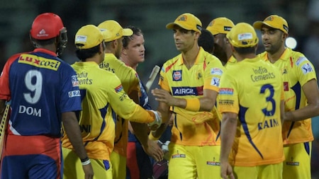 Chennai Super Kings’ players celebrating after win over Delhi Daredevils during their IPL-2015 match