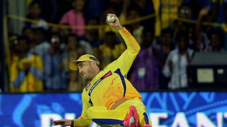 Chennai Super Kings’ Faf du Plessis takes a catch of Delhi Daredevils batsman Shreyas Iyer