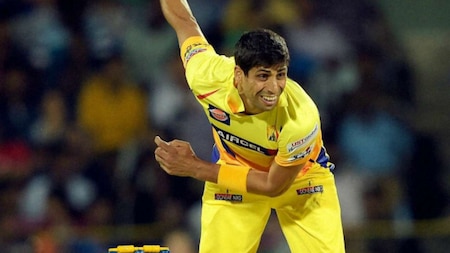 Chennai Super Kings’ Ashish Nehra in action during the IPL-2015 match against Delhi Daredevils