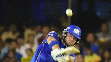 Mumbai Indians' Corey Anderson plays a shot against Rajasthan Royals during their IPL 2015 at the Sardar Patel Stadium in Ahmedabad on Tuesday.