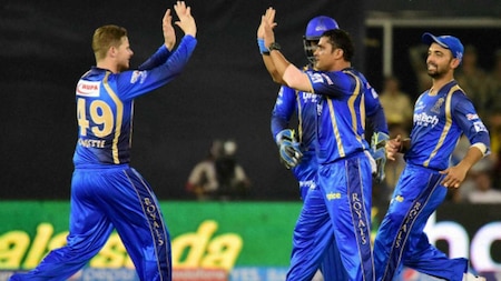 Rajasthan Royals players celebrate the wicket of Unmukt Chand of Mumbai Indians during their IPL 2015 at the Sardar Patel Stadium in Ahmedabad on Tuesday.