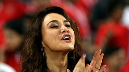 Preity Zinta owner of Kings XI Punjab during an IPL match with Delhi Daredevils in Pune on Wednesday.