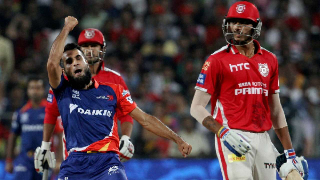 Delhi Daredevils player Imran Tahir celebrates the wicket of Kings XI Punjab player Akshar Patel during an IPL t20 match in Pune on Wednesday.