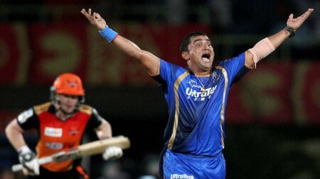 Pravin Tambe of Rajasthan Royals appeals successfully for LBW to get Eoin Morgan of Sunrisers Hyderabad wicket during their Pepsi IPL 2015 match in Visakhapatnam on Thursday.