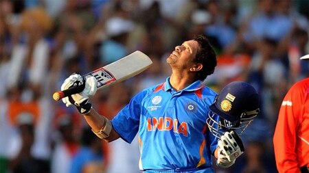 Sachin seen raising his bat against South Africa after scoring his last World Cup century.