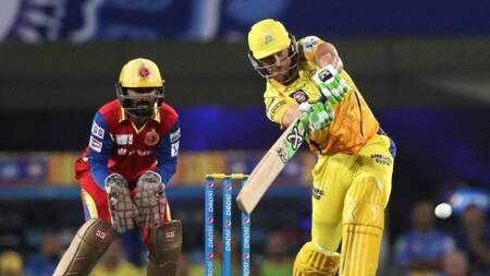 Faf Du Plessis plays a shot during CSK's run-chase