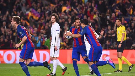 Neymar and Luis Suarez celebrate Barcelona's second goal