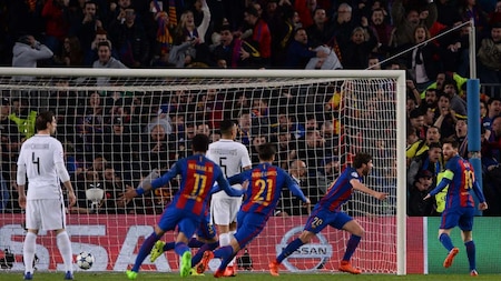 Barcelona players react after Sergi Roberto's goal