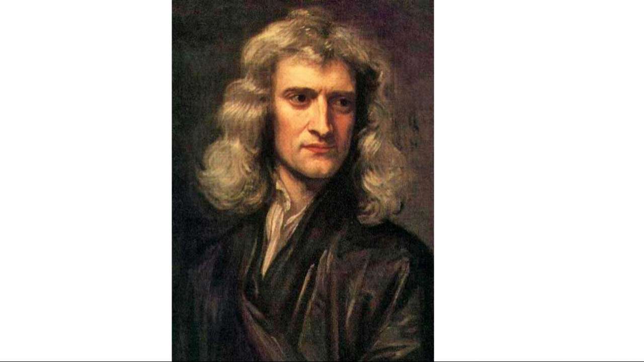 Recognisable, cartoon, caricature, line art, black on white, picture of isaac  newton pointing upwards, plain white background on Craiyon