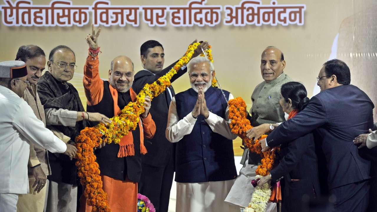 Prime Minister Narendra Modi and Party President Amit Shah at Party Head office after the Gujrat and Himachal Victory on Monday