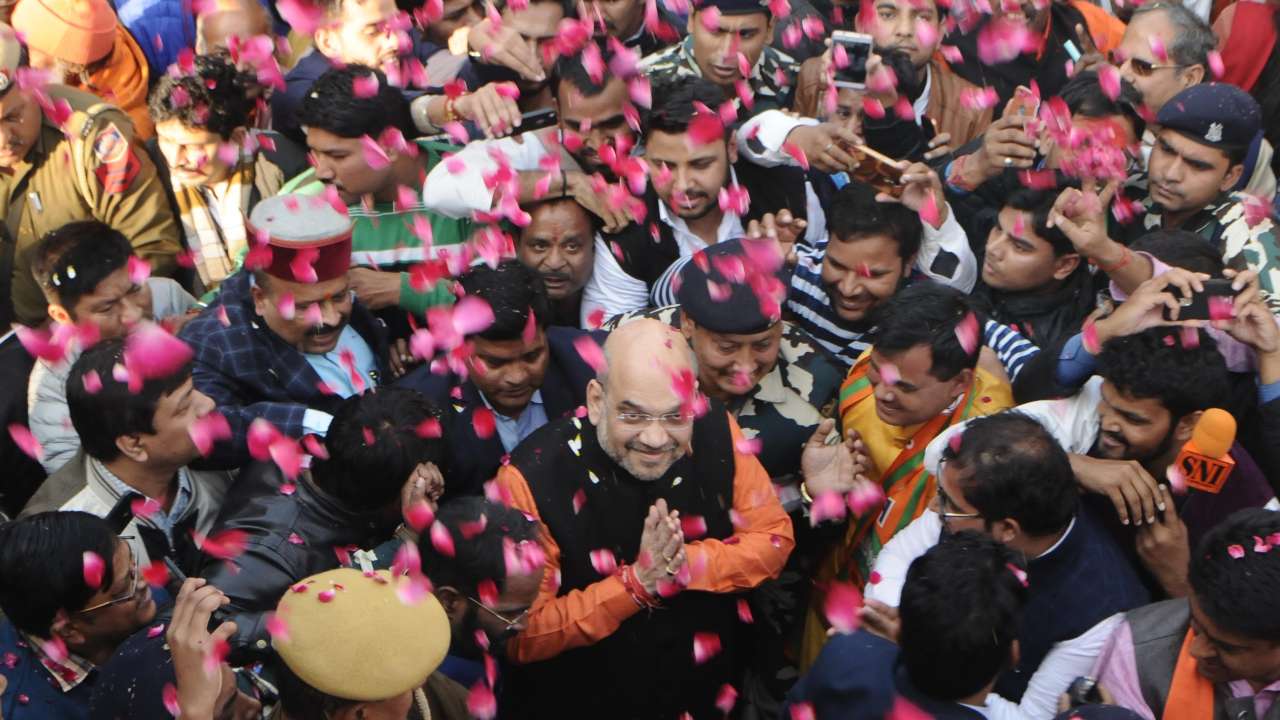 Amit Shah arrives at party HQ