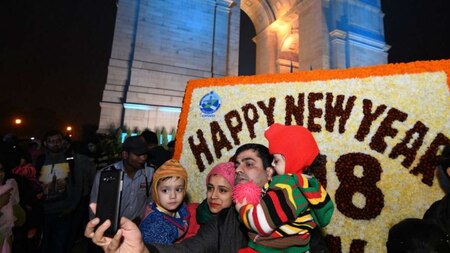 People gather at India gate during New Years Eve celebrations