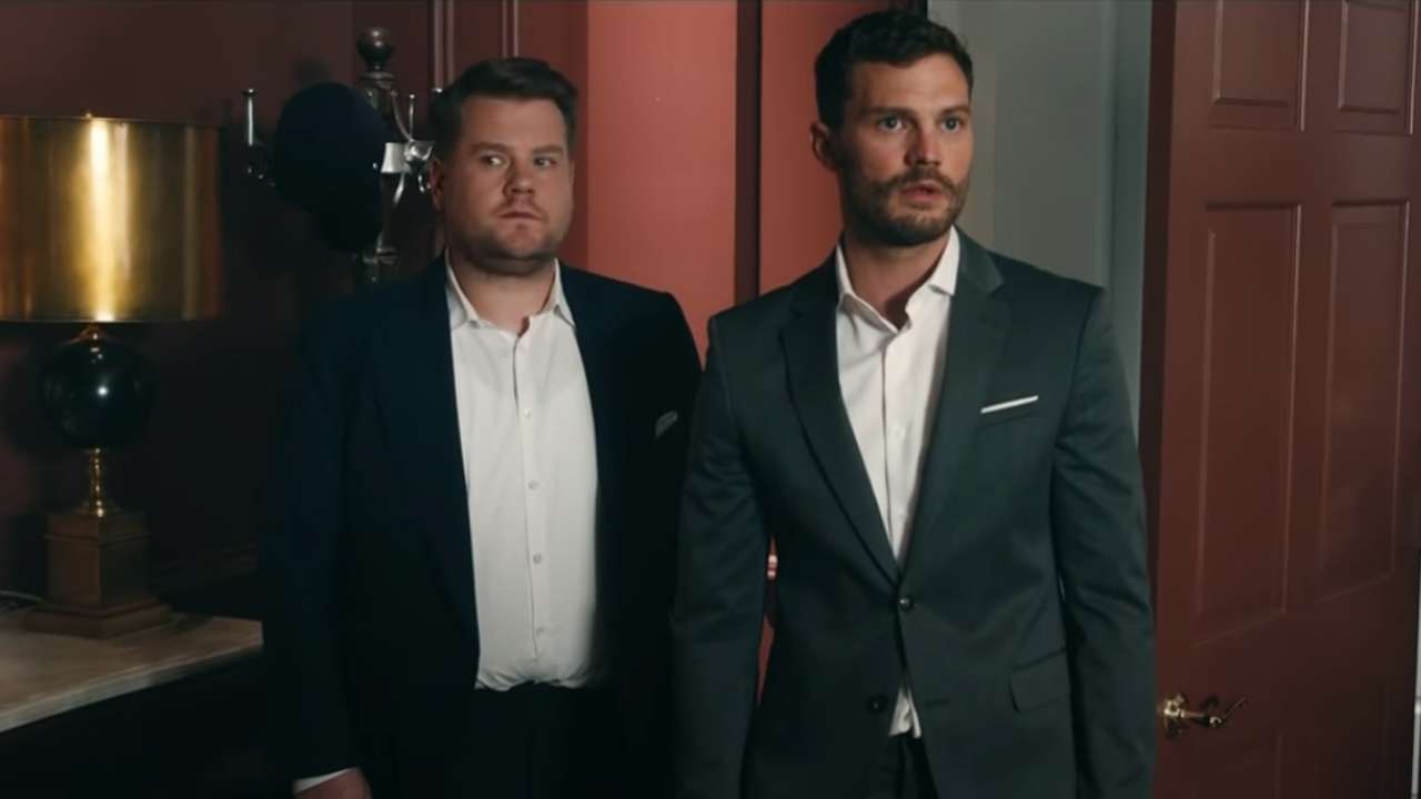 Jamie Dornan visits James Corden's 'playroom' in 'Fifty Shades' spoof