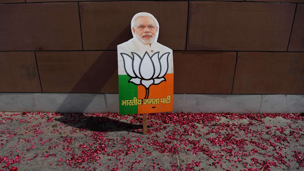 A placard with the image of Indias Prime Minister Narendra Modi
