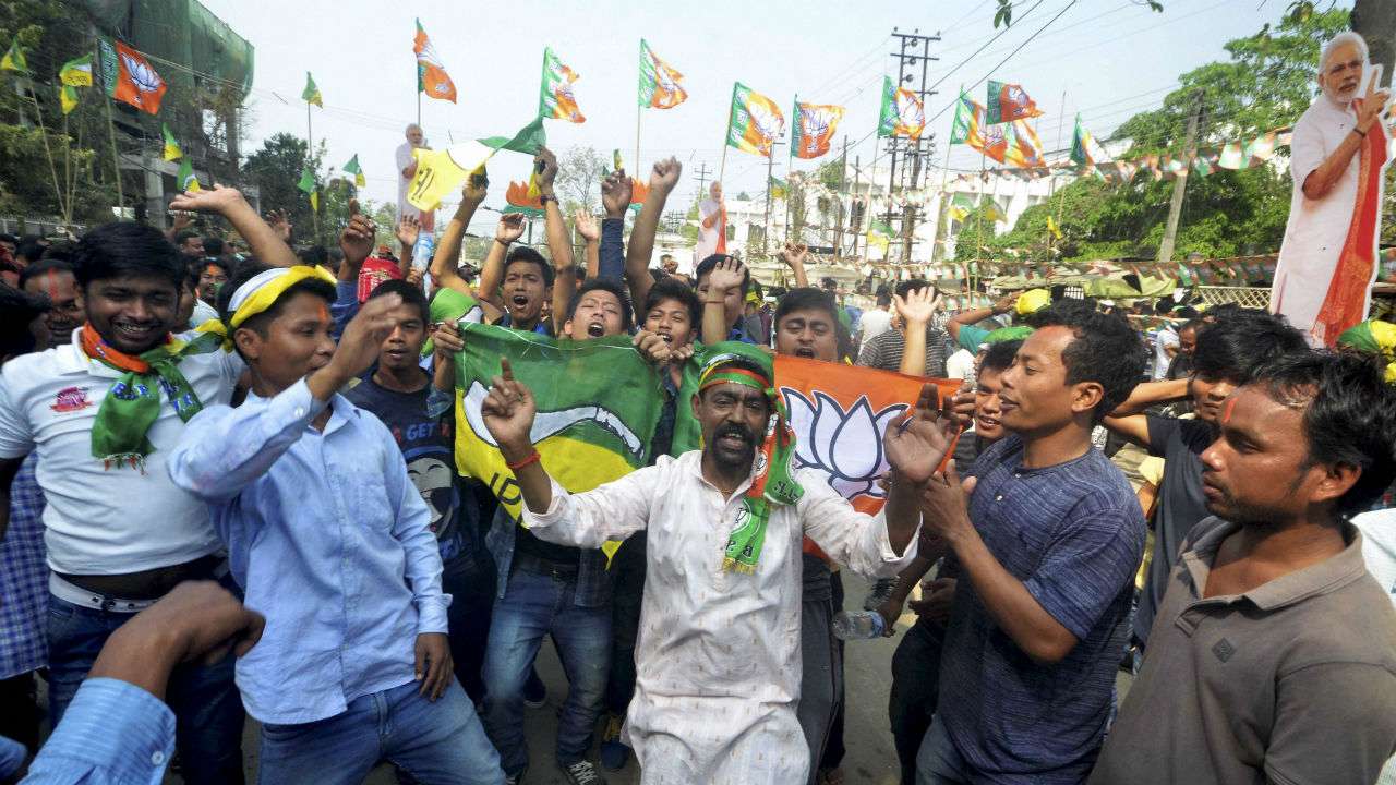 Supporters of Indias ruling Bharatiya Janata Party (BJP) celebrate