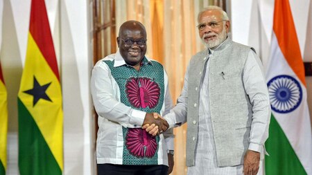 Prime Minister Narendra Modi shakes hands with Ghana President Nana Akufo-Addo