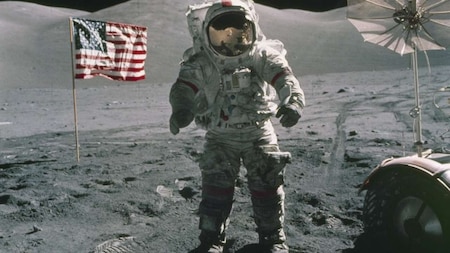 Eugene Cernan standing on the moon