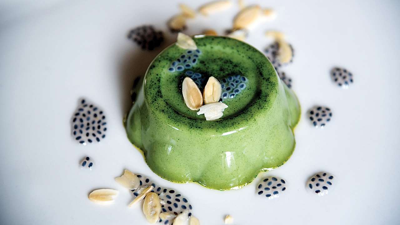 Almond Milk and Spirulina Pannacotta with Basil Seeds
