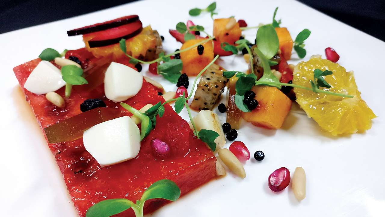 Melon Chaat Balsamic and Jaggery Gel with Dehydrated Berries