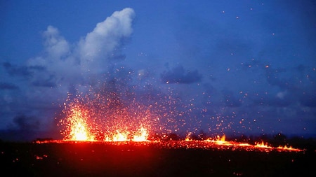 Lava erupts from a fissure