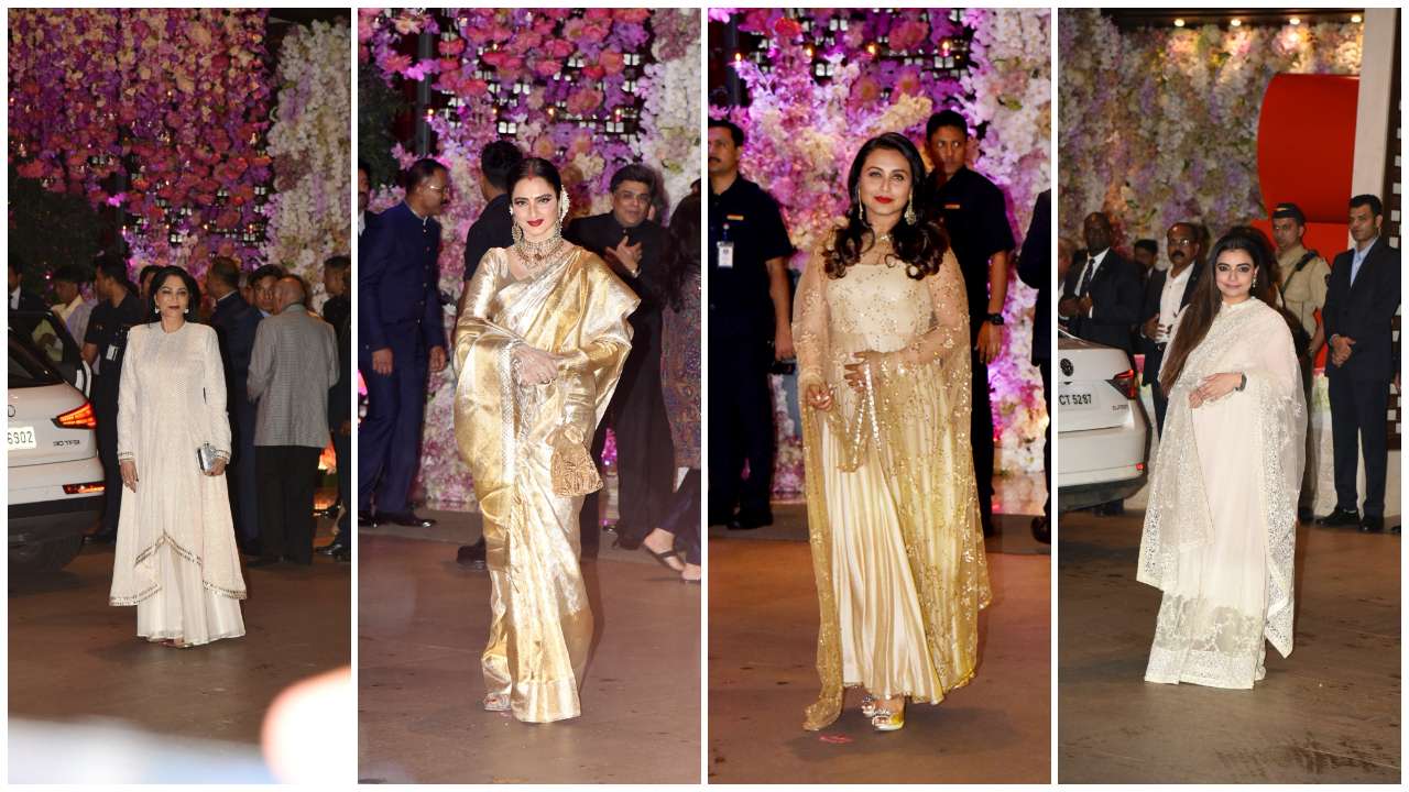 Simi Garewal, Rekha, Rani Mukherjee and Vaibhavi Merchant arrive at the Ambani residence