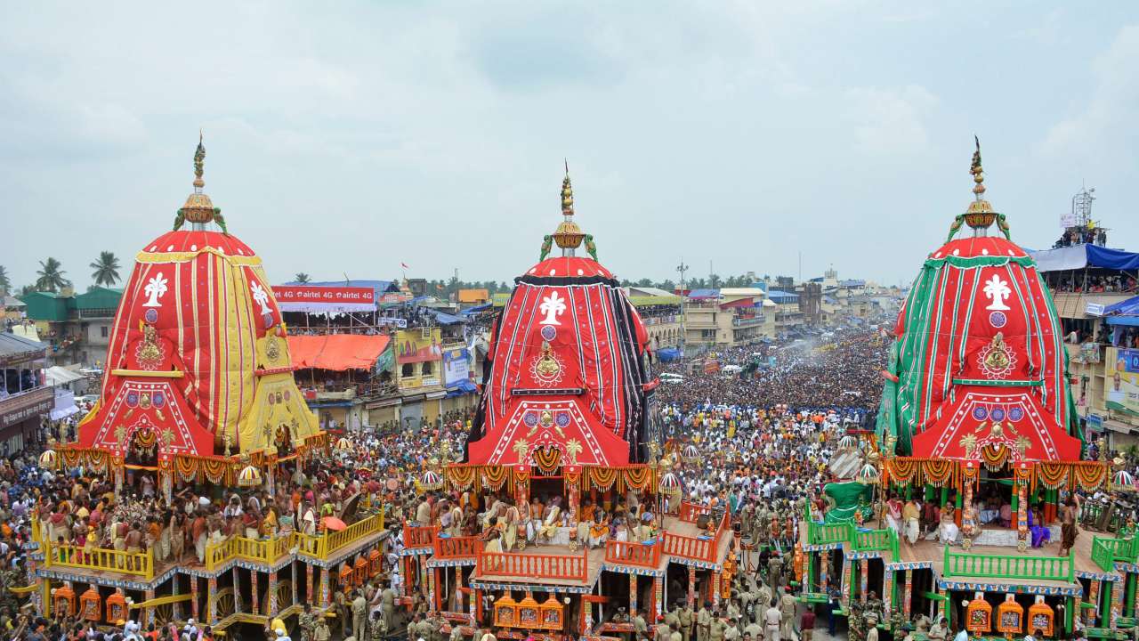 Devotees pull the chariots in Puri