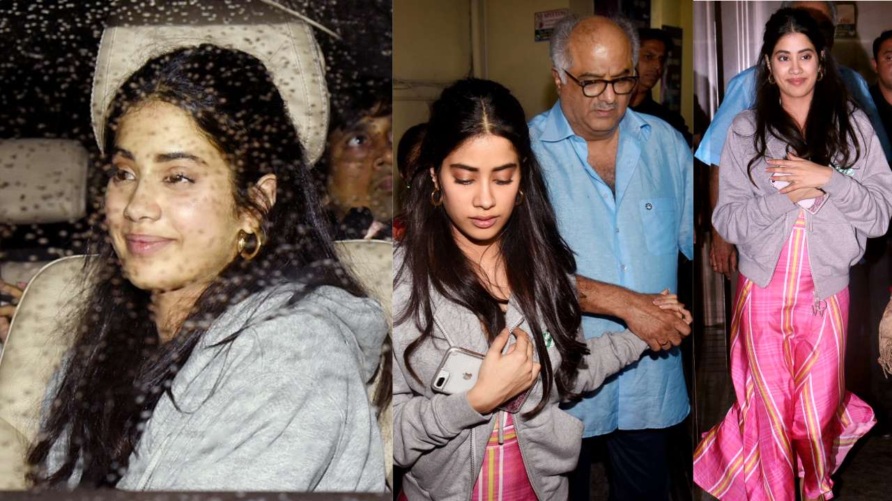 Accompanied by father Boney Kapoor, Janhvi Kapoor beamed her way to the screening