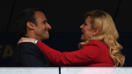 French President Macron embraces Croatian President Kolinda Grabar-Kitarovic at Russia 2018 World Cup final footb
