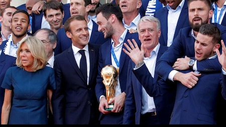 World Cup winning France team with President Macron and his wife