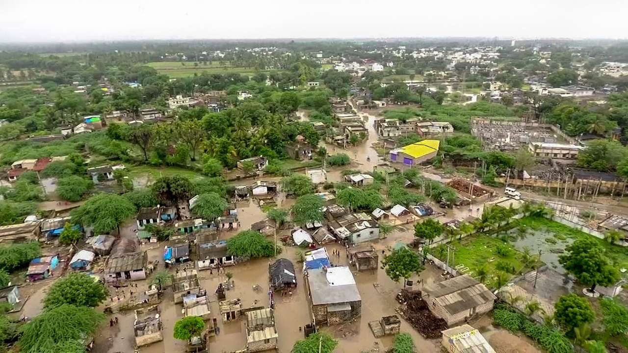 Aerial view of flood-affected area in Una Taluka of Gujarat's Gir-Somnath district