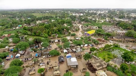 Aerial view of flood-affected area in Una Taluka of Gujarat's Gir-Somnath district