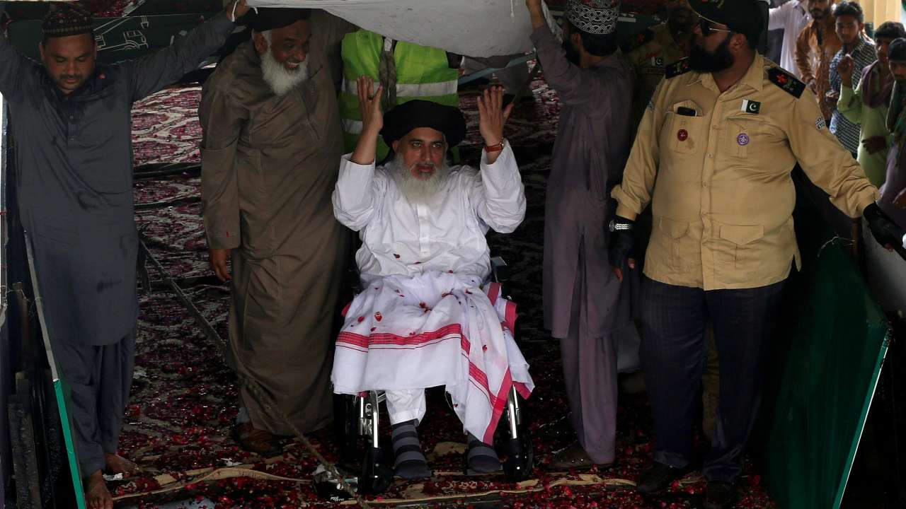 Khadim Hussain Rizvi (on a wheelchair), leader of Tehrik-e-Labaik Pakistan