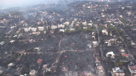 An aerial view of an urban area burnt during wildfire in Mati.