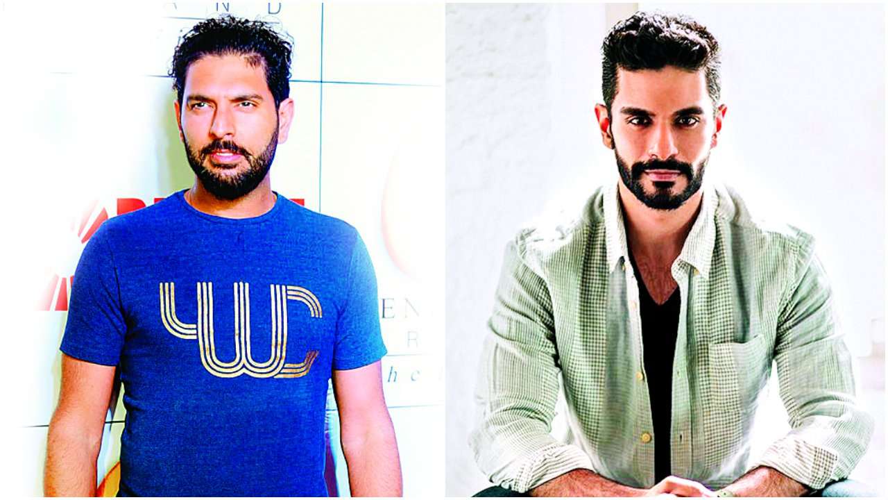 Yuvraj Singh gifts a bat to Angad Bedi