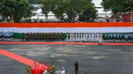 Army, navy and air force contingents march during the full dress rehearsal for Independence Day function for Red Fort