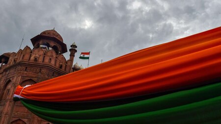 A cloth in the colours of the national flag is tied by the rampart of the Red Fort